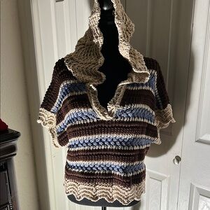 Zara V-Neck Sweater with Cream, Brown, and Blue Stripes